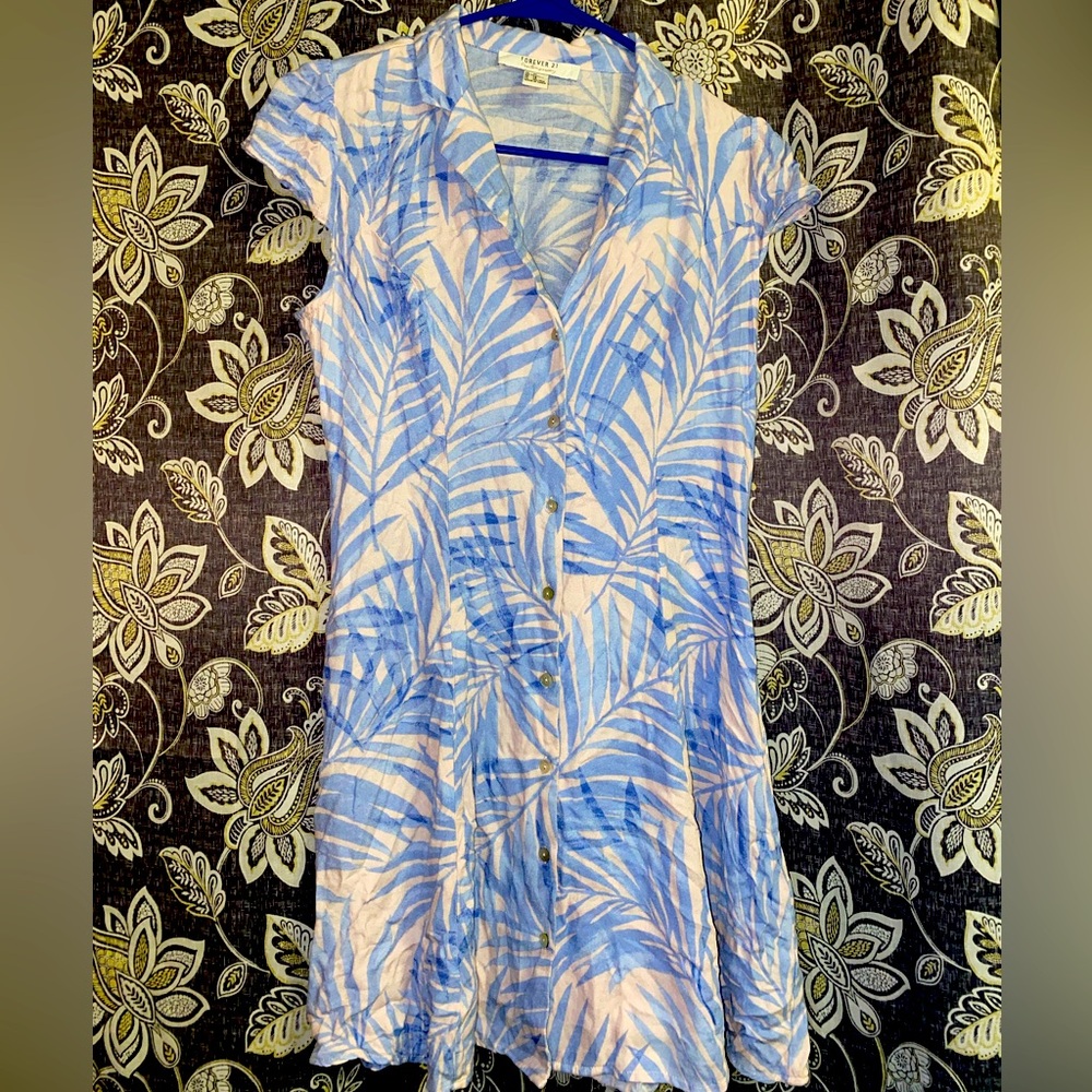 Tropical Leaf Blue & White Color Dress